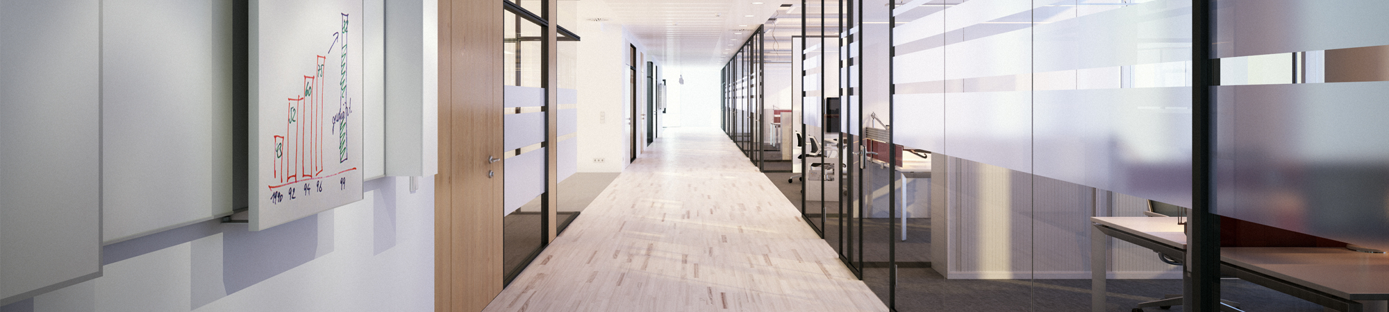 Modern office corridor with glass-walled meeting rooms and a colorful graph drawing on the wall, highlighting workspace design and productivity.